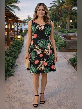 Tropical Floral Dress in Black with Coral, Gold & Green PRICE DROP ⭐️